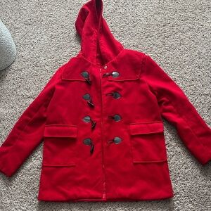 Stylish Red Men's Pea Coat with Toggle Closures